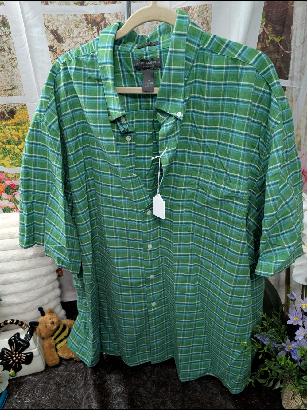 Saddlebred Green Plaid Short-Sleeve Button-Down Shirt